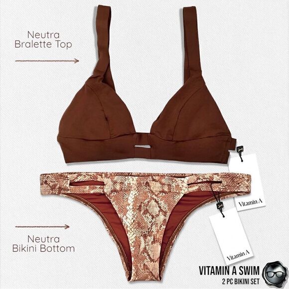 VITAMIN A SWIM NEUTRA 2 PIECE BIKINI SET BROWN BRALETTE TOP + SAND SNAKE BOTTOM - Picture 12 of 12